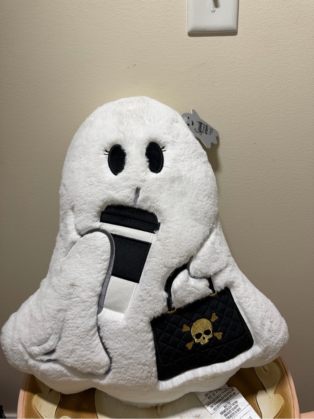 Spooktacular Stuff 2025 Halloween Ghost Pillow with Coffee & Skull Purse